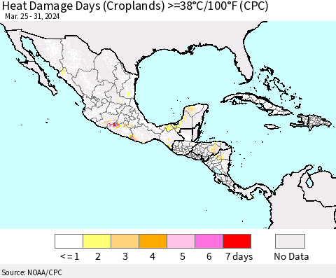 Mexico Central America and the Caribbean Heat Damage Days (Croplands) >=38°C/100°F (CPC) Thematic Map For 3/25/2024 - 3/31/2024