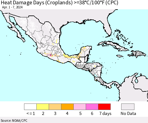 Mexico Central America and the Caribbean Heat Damage Days (Croplands) >=38°C/100°F (CPC) Thematic Map For 4/1/2024 - 4/7/2024