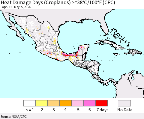 Mexico Central America and the Caribbean Heat Damage Days (Croplands) >=38°C/100°F (CPC) Thematic Map For 4/29/2024 - 5/5/2024