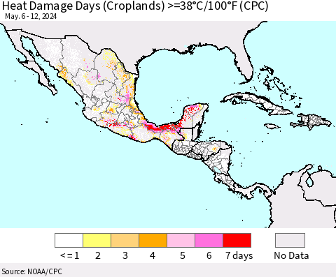 Mexico Central America and the Caribbean Heat Damage Days (Croplands) >=38°C/100°F (CPC) Thematic Map For 5/6/2024 - 5/12/2024