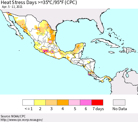 Mexico Central America and the Caribbean Heat Stress Days >=35°C/95°F (CPC) Thematic Map For 4/5/2021 - 4/11/2021