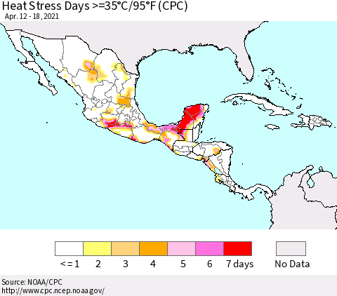 Mexico Central America and the Caribbean Heat Stress Days >=35°C/95°F (CPC) Thematic Map For 4/12/2021 - 4/18/2021
