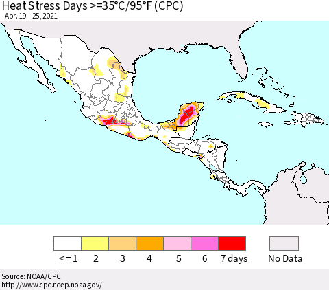 Mexico Central America and the Caribbean Heat Stress Days >=35°C/95°F (CPC) Thematic Map For 4/19/2021 - 4/25/2021