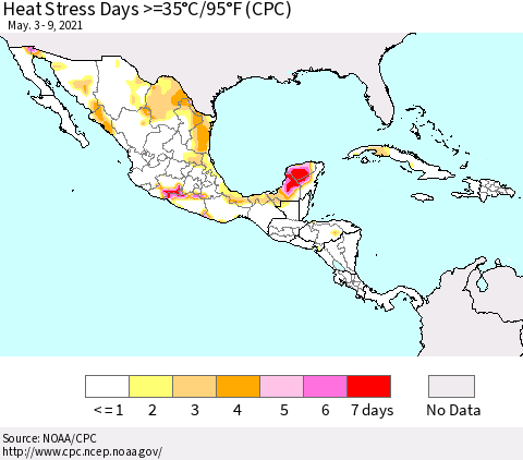 Mexico Central America and the Caribbean Heat Stress Days >=35°C/95°F (CPC) Thematic Map For 5/3/2021 - 5/9/2021