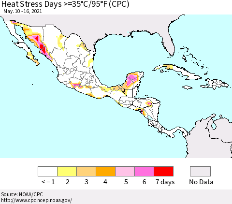 Mexico Central America and the Caribbean Heat Stress Days >=35°C/95°F (CPC) Thematic Map For 5/10/2021 - 5/16/2021