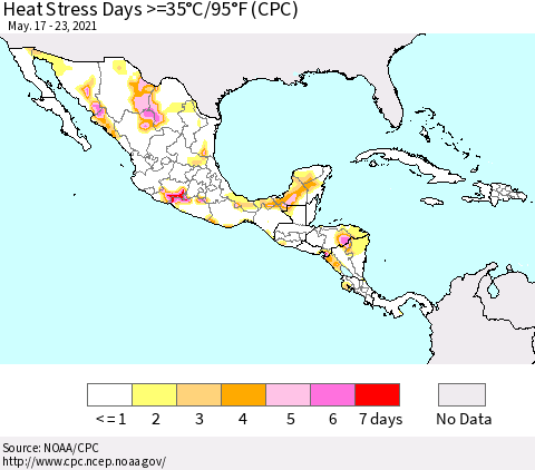 Mexico Central America and the Caribbean Heat Stress Days >=35°C/95°F (CPC) Thematic Map For 5/17/2021 - 5/23/2021