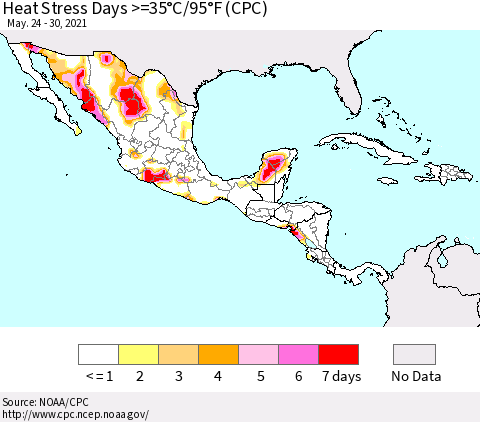Mexico Central America and the Caribbean Heat Stress Days >=35°C/95°F (CPC) Thematic Map For 5/24/2021 - 5/30/2021