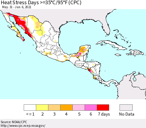 Mexico Central America and the Caribbean Heat Stress Days >=35°C/95°F (CPC) Thematic Map For 5/31/2021 - 6/6/2021