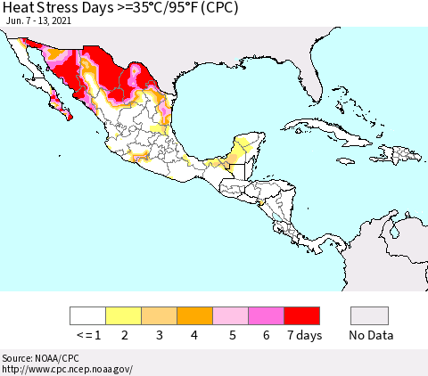 Mexico Central America and the Caribbean Heat Stress Days >=35°C/95°F (CPC) Thematic Map For 6/7/2021 - 6/13/2021