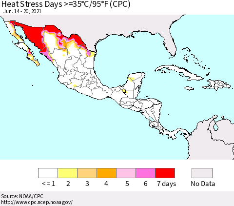Mexico Central America and the Caribbean Heat Stress Days >=35°C/95°F (CPC) Thematic Map For 6/14/2021 - 6/20/2021