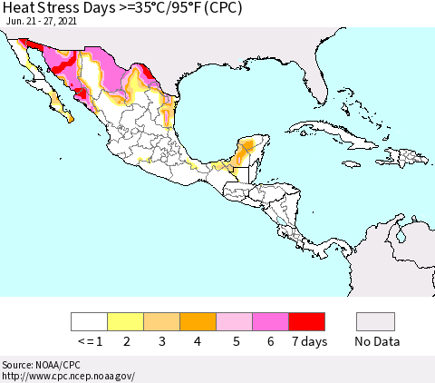 Mexico Central America and the Caribbean Heat Stress Days >=35°C/95°F (CPC) Thematic Map For 6/21/2021 - 6/27/2021
