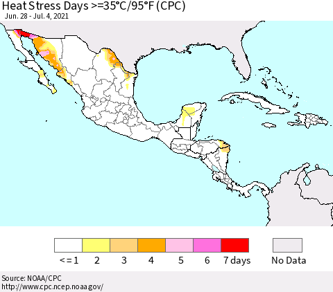 Mexico Central America and the Caribbean Heat Stress Days >=35°C/95°F (CPC) Thematic Map For 6/28/2021 - 7/4/2021
