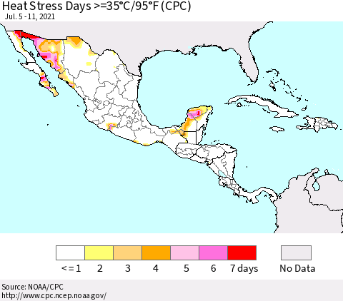 Mexico Central America and the Caribbean Heat Stress Days >=35°C/95°F (CPC) Thematic Map For 7/5/2021 - 7/11/2021
