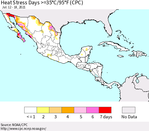 Mexico Central America and the Caribbean Heat Stress Days >=35°C/95°F (CPC) Thematic Map For 7/12/2021 - 7/18/2021