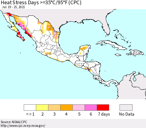 Mexico Central America and the Caribbean Heat Stress Days >=35°C/95°F (CPC) Thematic Map For 7/19/2021 - 7/25/2021