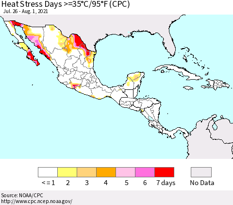 Mexico Central America and the Caribbean Heat Stress Days >=35°C/95°F (CPC) Thematic Map For 7/26/2021 - 8/1/2021
