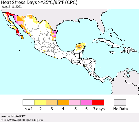 Mexico Central America and the Caribbean Heat Stress Days >=35°C/95°F (CPC) Thematic Map For 8/2/2021 - 8/8/2021