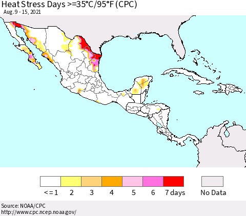 Mexico Central America and the Caribbean Heat Stress Days >=35°C/95°F (CPC) Thematic Map For 8/9/2021 - 8/15/2021