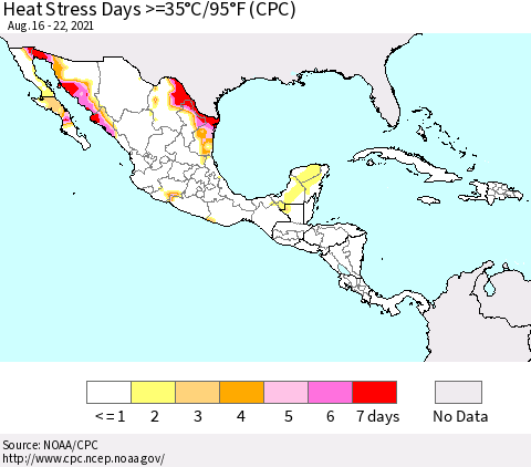 Mexico Central America and the Caribbean Heat Stress Days >=35°C/95°F (CPC) Thematic Map For 8/16/2021 - 8/22/2021