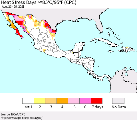 Mexico Central America and the Caribbean Heat Stress Days >=35°C/95°F (CPC) Thematic Map For 8/23/2021 - 8/29/2021