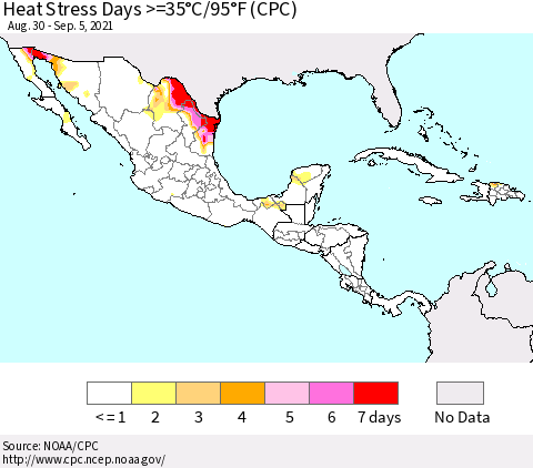 Mexico Central America and the Caribbean Heat Stress Days >=35°C/95°F (CPC) Thematic Map For 8/30/2021 - 9/5/2021