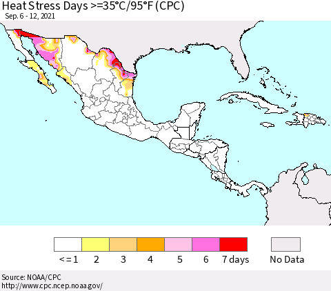 Mexico Central America and the Caribbean Heat Stress Days >=35°C/95°F (CPC) Thematic Map For 9/6/2021 - 9/12/2021