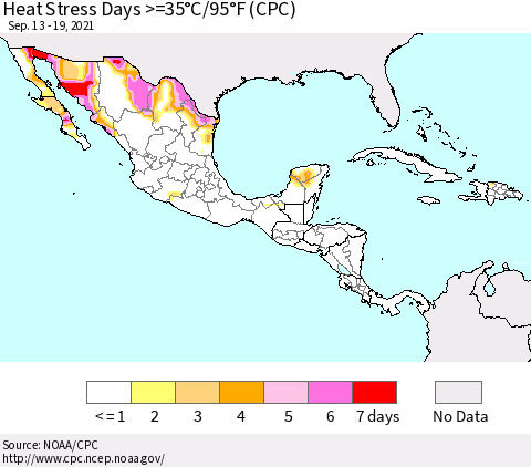 Mexico Central America and the Caribbean Heat Stress Days >=35°C/95°F (CPC) Thematic Map For 9/13/2021 - 9/19/2021