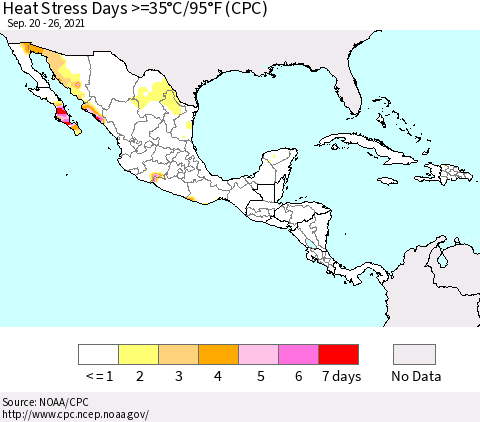 Mexico Central America and the Caribbean Heat Stress Days >=35°C/95°F (CPC) Thematic Map For 9/20/2021 - 9/26/2021