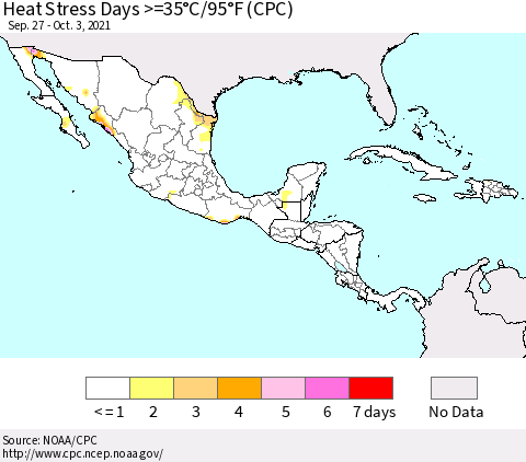Mexico Central America and the Caribbean Heat Stress Days >=35°C/95°F (CPC) Thematic Map For 9/27/2021 - 10/3/2021