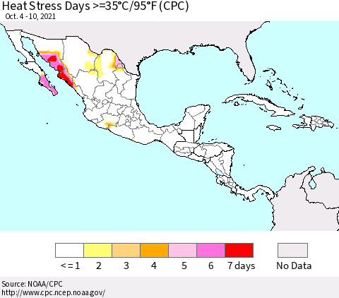 Mexico Central America and the Caribbean Heat Stress Days >=35°C/95°F (CPC) Thematic Map For 10/4/2021 - 10/10/2021