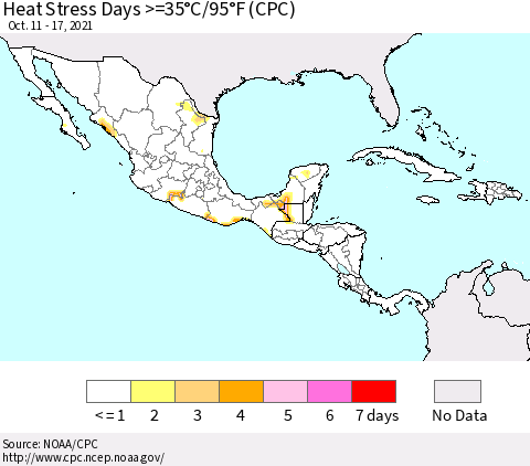 Mexico Central America and the Caribbean Heat Stress Days >=35°C/95°F (CPC) Thematic Map For 10/11/2021 - 10/17/2021