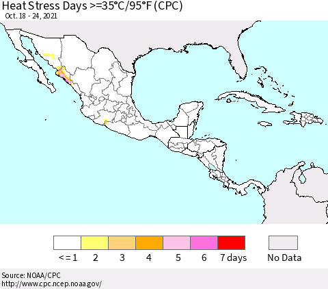 Mexico Central America and the Caribbean Heat Stress Days >=35°C/95°F (CPC) Thematic Map For 10/18/2021 - 10/24/2021