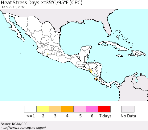Mexico Central America and the Caribbean Heat Stress Days >=35°C/95°F (CPC) Thematic Map For 2/7/2022 - 2/13/2022