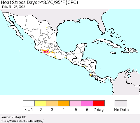 Mexico Central America and the Caribbean Heat Stress Days >=35°C/95°F (CPC) Thematic Map For 2/21/2022 - 2/27/2022