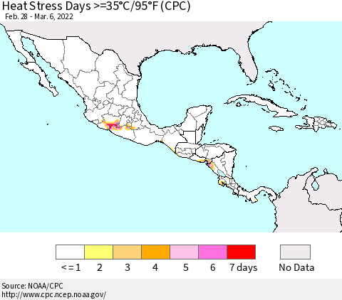 Mexico Central America and the Caribbean Heat Stress Days >=35°C/95°F (CPC) Thematic Map For 2/28/2022 - 3/6/2022