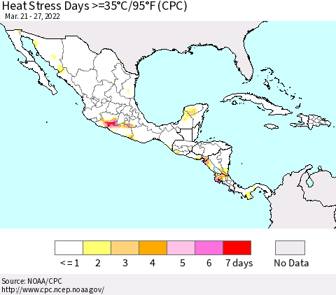Mexico Central America and the Caribbean Heat Stress Days >=35°C/95°F (CPC) Thematic Map For 3/21/2022 - 3/27/2022