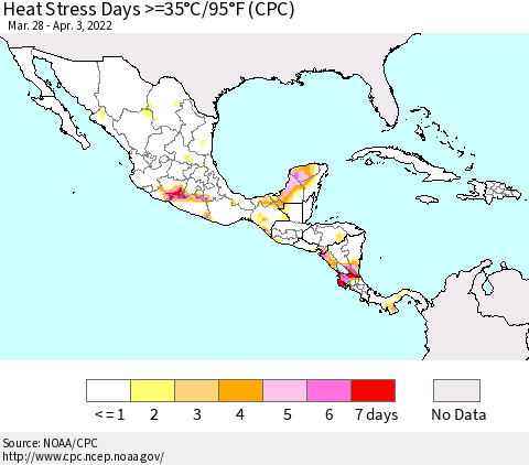 Mexico Central America and the Caribbean Heat Stress Days >=35°C/95°F (CPC) Thematic Map For 3/28/2022 - 4/3/2022