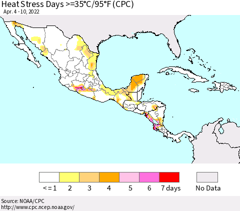 Mexico Central America and the Caribbean Heat Stress Days >=35°C/95°F (CPC) Thematic Map For 4/4/2022 - 4/10/2022