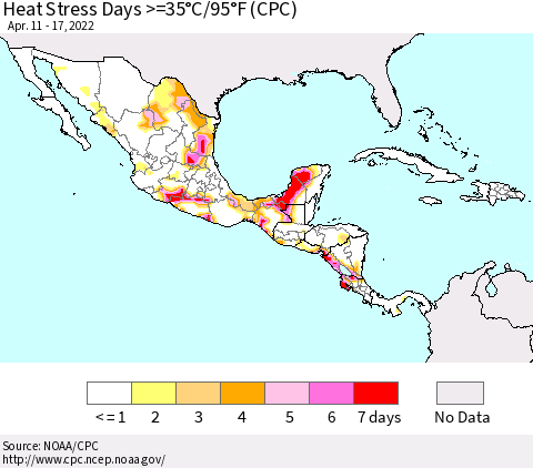 Mexico Central America and the Caribbean Heat Stress Days >=35°C/95°F (CPC) Thematic Map For 4/11/2022 - 4/17/2022