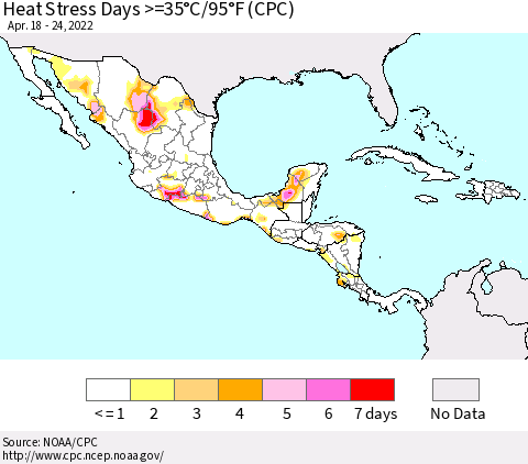 Mexico Central America and the Caribbean Heat Stress Days >=35°C/95°F (CPC) Thematic Map For 4/18/2022 - 4/24/2022