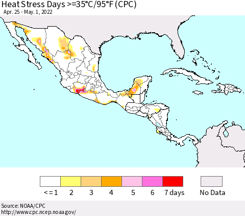 Mexico Central America and the Caribbean Heat Stress Days >=35°C/95°F (CPC) Thematic Map For 4/25/2022 - 5/1/2022