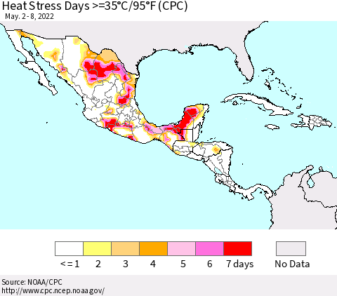 Mexico Central America and the Caribbean Heat Stress Days >=35°C/95°F (CPC) Thematic Map For 5/2/2022 - 5/8/2022