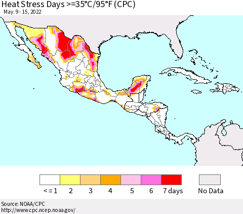 Mexico Central America and the Caribbean Heat Stress Days >=35°C/95°F (CPC) Thematic Map For 5/9/2022 - 5/15/2022