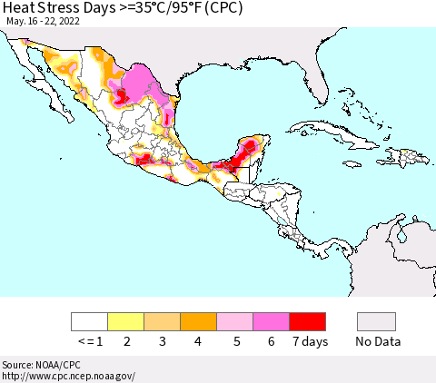 Mexico Central America and the Caribbean Heat Stress Days >=35°C/95°F (CPC) Thematic Map For 5/16/2022 - 5/22/2022