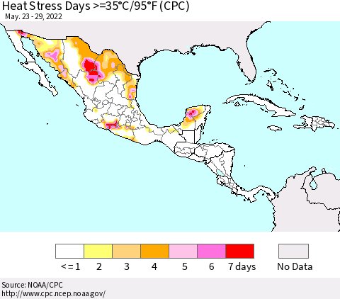 Mexico Central America and the Caribbean Heat Stress Days >=35°C/95°F (CPC) Thematic Map For 5/23/2022 - 5/29/2022