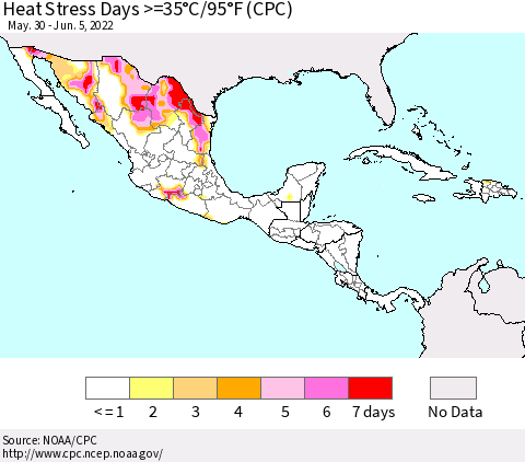 Mexico Central America and the Caribbean Heat Stress Days >=35°C/95°F (CPC) Thematic Map For 5/30/2022 - 6/5/2022