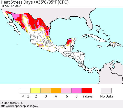 Mexico Central America and the Caribbean Heat Stress Days >=35°C/95°F (CPC) Thematic Map For 6/6/2022 - 6/12/2022