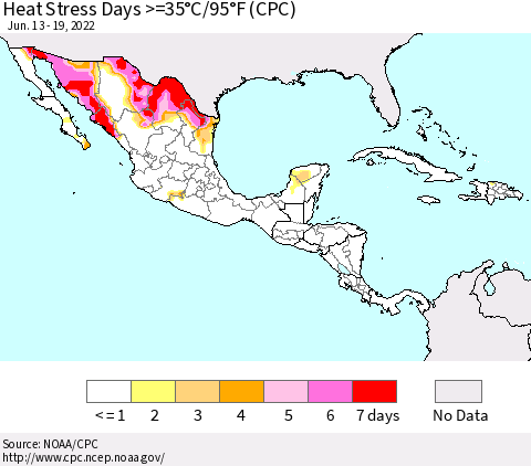 Mexico Central America and the Caribbean Heat Stress Days >=35°C/95°F (CPC) Thematic Map For 6/13/2022 - 6/19/2022