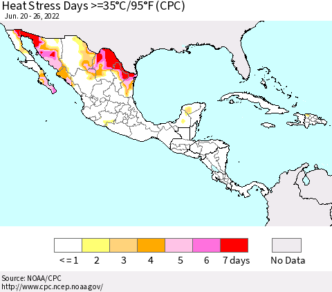 Mexico Central America and the Caribbean Heat Stress Days >=35°C/95°F (CPC) Thematic Map For 6/20/2022 - 6/26/2022