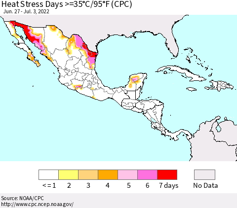 Mexico Central America and the Caribbean Heat Stress Days >=35°C/95°F (CPC) Thematic Map For 6/27/2022 - 7/3/2022
